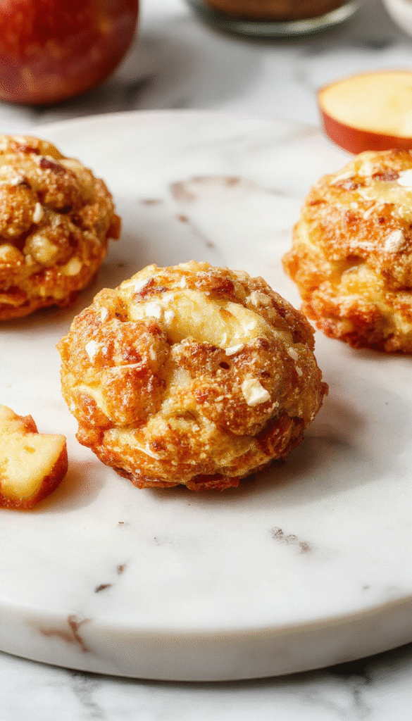 Golden brown apple fritter bites arranged on a white plate, drizzled with caramel sauce and sprinkled with powdered sugar, with a crispy texture visible and fresh apple slices in the background.
