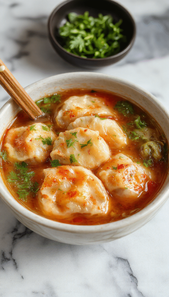 A steaming bowl of Asian dumpling potsticker soup featuring golden-brown potstickers floating in a clear, flavorful broth garnished with sliced green onions and sesame seeds, with chopsticks resting on the side and a rustic wooden table backdrop.