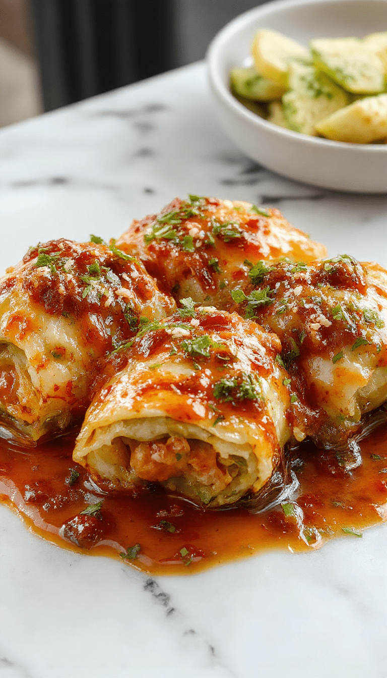 A vibrant plate featuring rolled cabbage stuffed with seasoned meat and rice, topped with tomato sauce and garnished with fresh herbs, with a rustic wooden background and a spoon resting beside it.