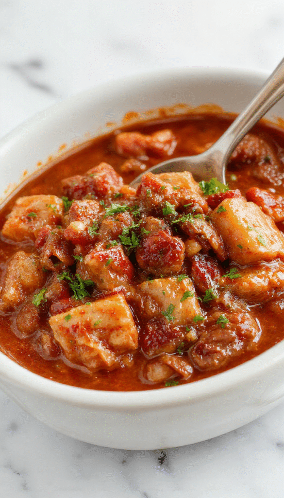 A piping hot bowl of American Goulash with rich tomato sauce, tender ground beef, and al dente pasta, garnished with fresh herbs, served on a rustic wooden table alongside a spoon and a side of crusty bread, with steam rising, vibrant reds and browns, styled in a comforting, homely setting.