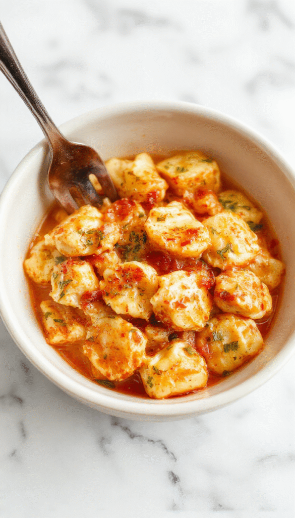A vibrant bowl of creamy chicken tortellini soup featuring golden-brown tortellini, shredded chicken, and fresh herbs on a rustic wooden table, styled with a sprig of basil and a sprinkle of cheese, surrounded by cooking ingredients and steam rising to evoke warmth and comfort.
