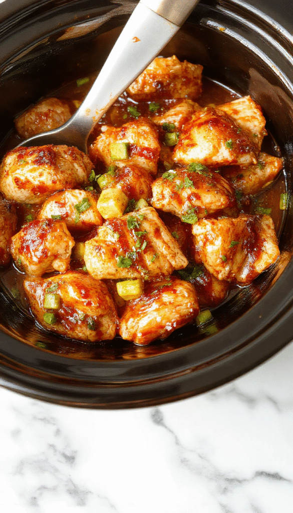 Colorful bowl featuring tender, shredded chicken glazed with shiny, caramelized teriyaki sauce, garnished with sesame seeds and chopped green onions, plated on a rustic wooden surface with a side of steamed rice and fresh vegetables, styled for a homey, inviting presentation.