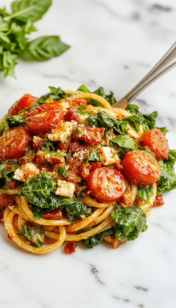 A vibrant plate of spinach and tomato pasta featuring fresh green spinach leaves and juicy cherry tomatoes, topped with grated cheese and drizzled with olive oil. The colorful ingredients are beautifully arranged on a white ceramic plate with a rustic wooden background and sprinkled herbs for garnish, showcasing a fresh, appetizing, and well-styled dish.