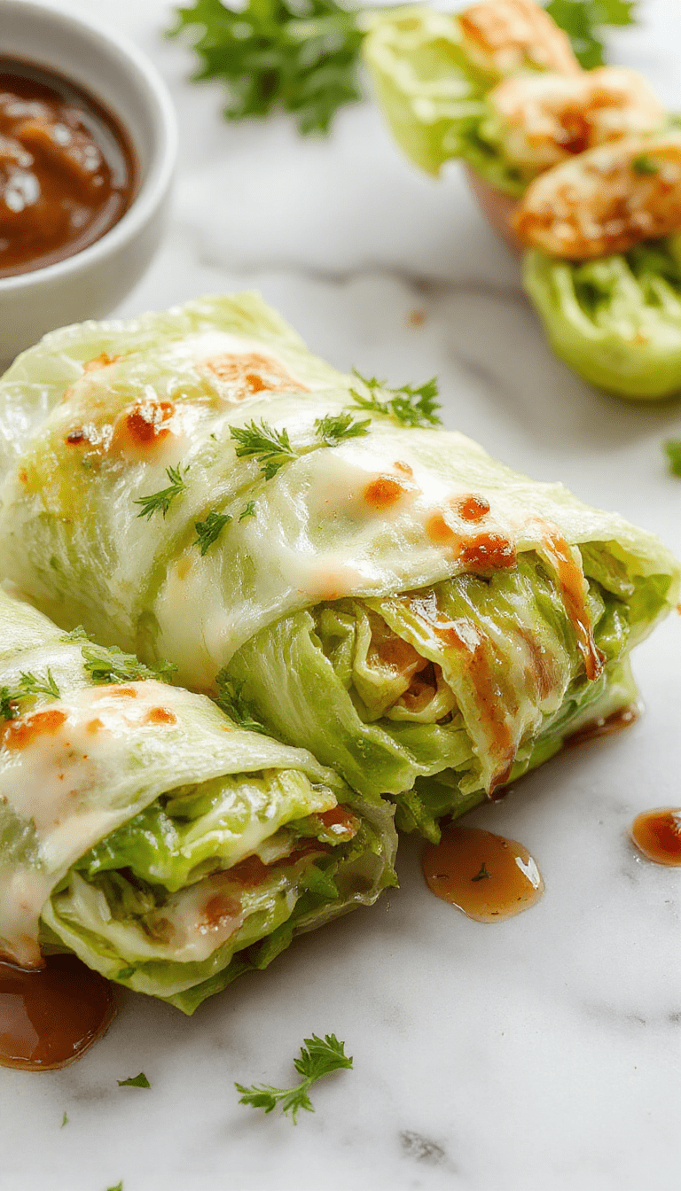 A vibrant plate of cabbage roll wraps filled with savory beef and rice, neatly arranged on a rustic wooden table. The wraps have a golden-brown top with fresh green cabbage visible around the edges, garnished with chopped herbs and served with a side of tangy sauce, showcasing a hearty, comforting dish.