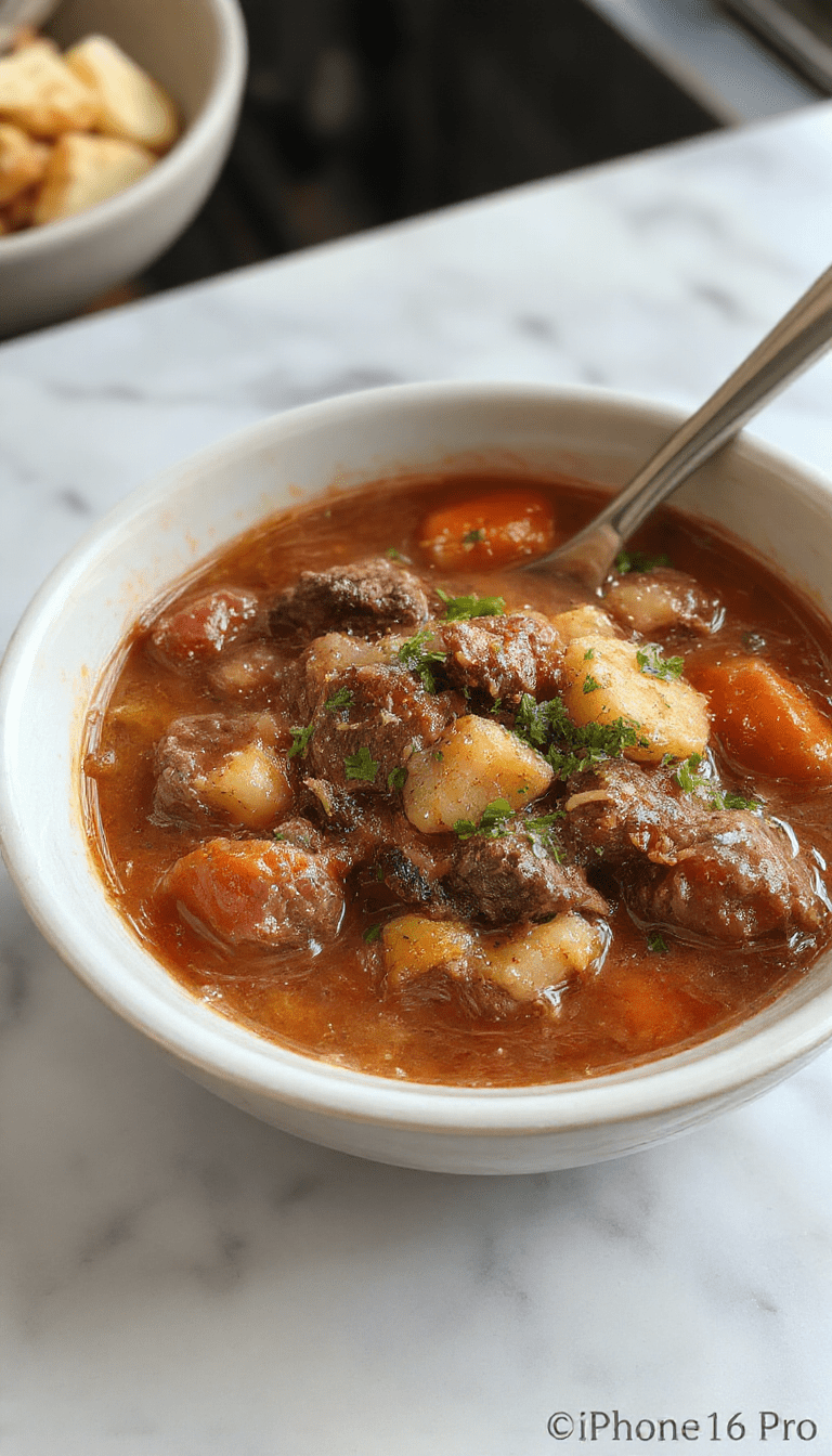 A bubbling black cauldron filled with rich beef stew, garnished with herbs and vegetables, placed on a rustic wooden table with a dark background, steam rising from the stew highlighting its savory texture and hearty ingredients.