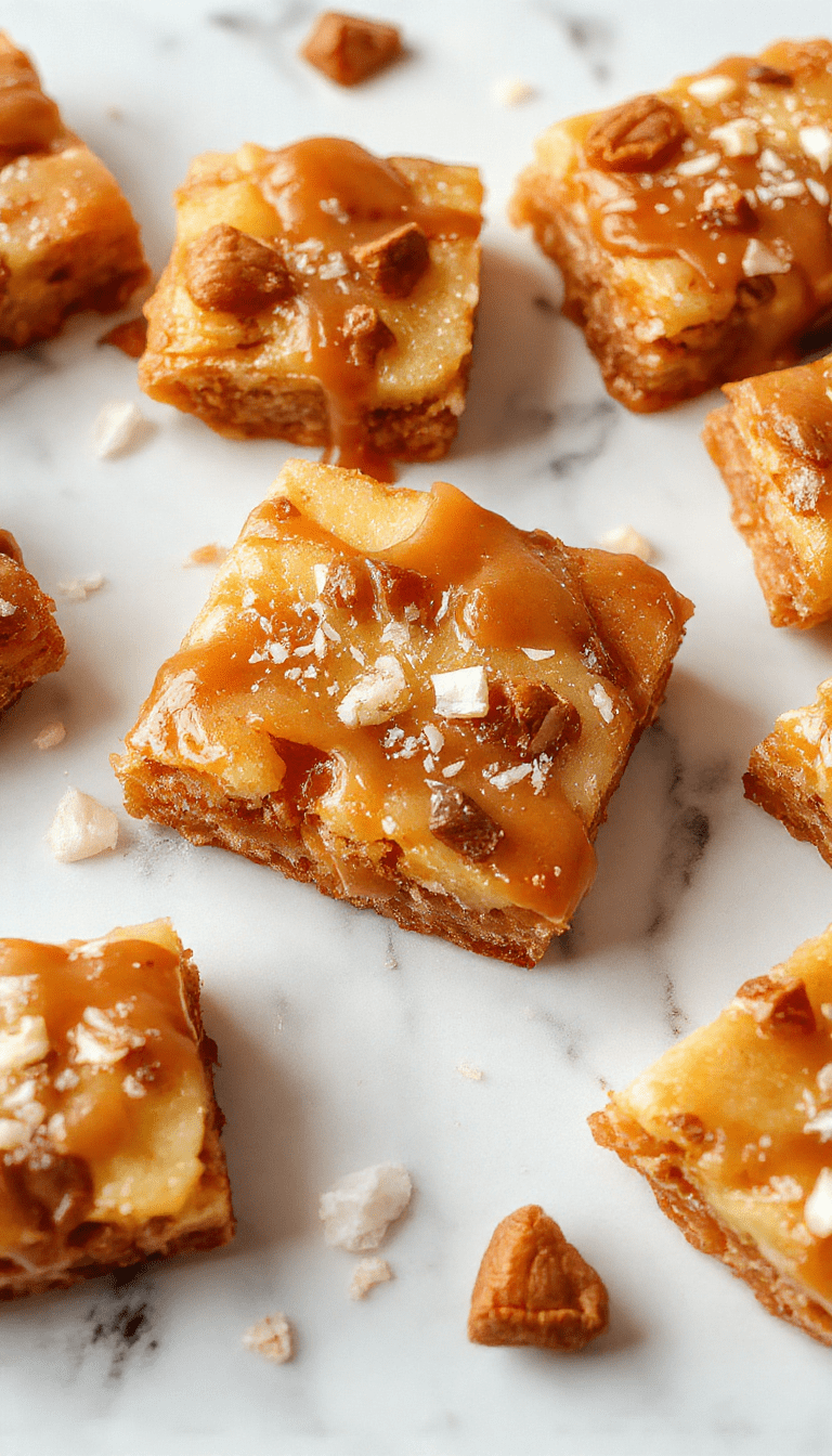 A close-up of golden-brown salted caramel apple bars arranged on a rustic wooden surface, drizzled with caramel sauce, sprinkled with sea salt, and topped with caramelized apple slices, showcasing their flaky crust and gooey topping.
