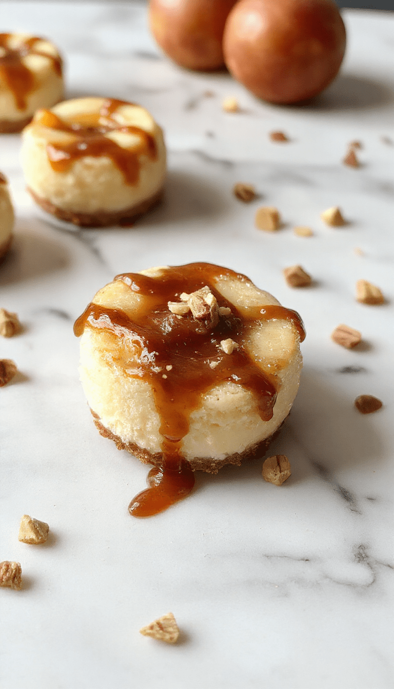 A close-up of mini apple crisp cheesecakes topped with sliced fresh apples and a crumbly streusel, displayed on a wooden plate with a fall-themed background, highlighting their golden-brown crust and creamy cheese filling.