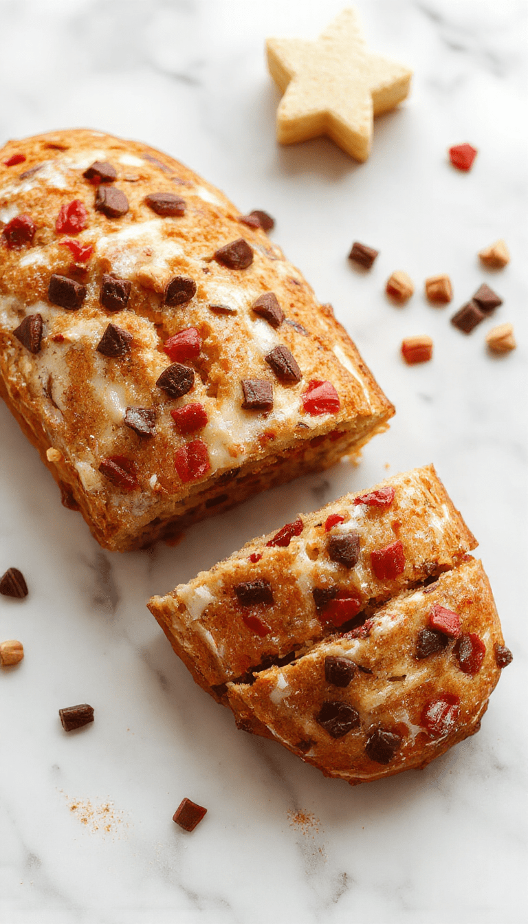 A beautifully decorated loaf of Christmas bread topped with powdered sugar and colorful holiday sprinkles, sliced to reveal a soft, golden interior with swirls of dried fruits and nuts. The bread is adorned with holly and berries, presented on a rustic wooden platter with Christmas-themed decorations around, warm lighting enhances its cozy appeal.