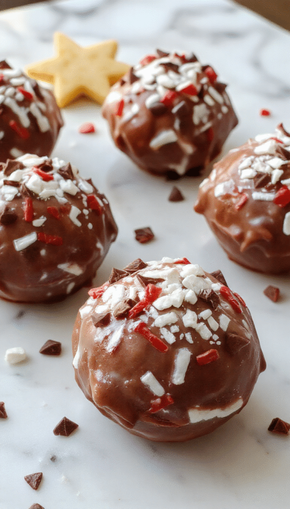 A vibrant scene featuring a glossy chocolate sphere decorated with colorful sprinkles and mini marshmallows, nestled in a Christmas-themed mug filled with steaming hot chocolate, surrounded by additional mini bombs, holiday ornaments, and a cozy winter backdrop in warm lighting.
