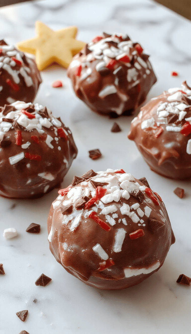 A vibrant scene featuring a glossy chocolate sphere decorated with colorful sprinkles and mini marshmallows, nestled in a Christmas-themed mug filled with steaming hot chocolate, surrounded by additional mini bombs, holiday ornaments, and a cozy winter backdrop in warm lighting.