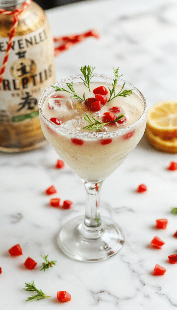A vibrant and festive cocktail in a clear glass decorated with sprigs of mistletoe and fresh cranberries, garnished with a slice of lime and colorful straws. The background features holiday-themed elements like twinkling lights and a cozy winter setting, with the drink's bright green and red colors standing out and creating a cheerful holiday vibe.