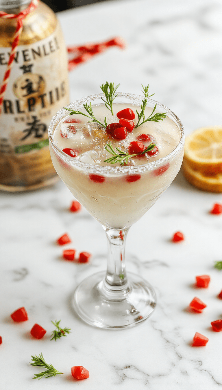 A vibrant and festive cocktail in a clear glass decorated with sprigs of mistletoe and fresh cranberries, garnished with a slice of lime and colorful straws. The background features holiday-themed elements like twinkling lights and a cozy winter setting, with the drink's bright green and red colors standing out and creating a cheerful holiday vibe.