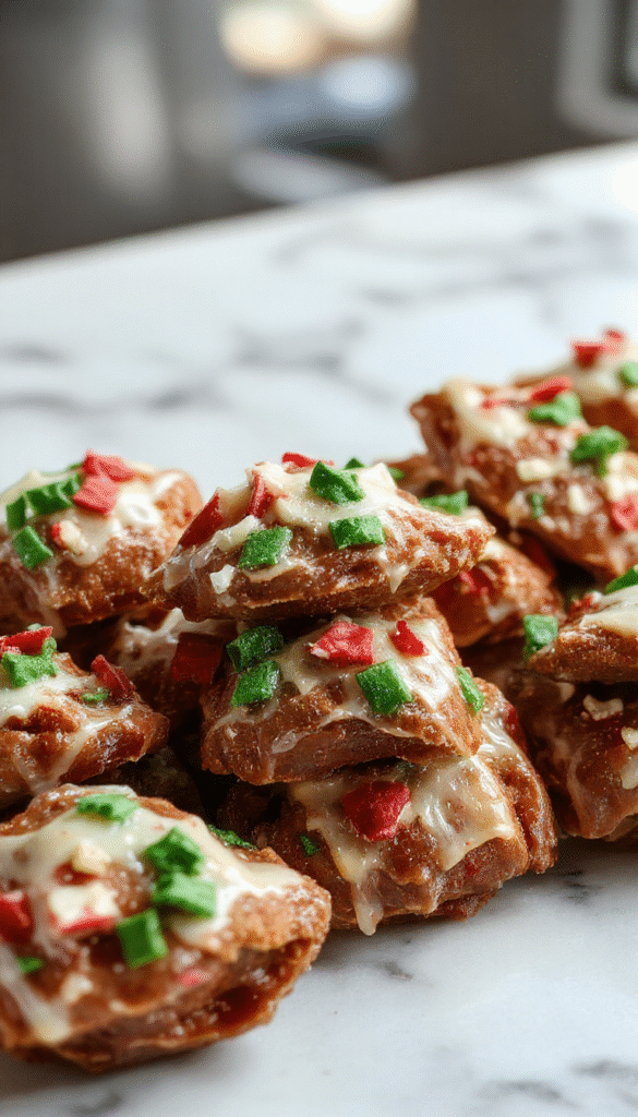 A close-up of golden caramelized toffee layered with dark chocolate and sprinkled with chopped nuts, presented on a rustic wooden platter with a holiday backdrop featuring pine branches and red berries, showcasing a glossy, crispy texture with rich, inviting colors.