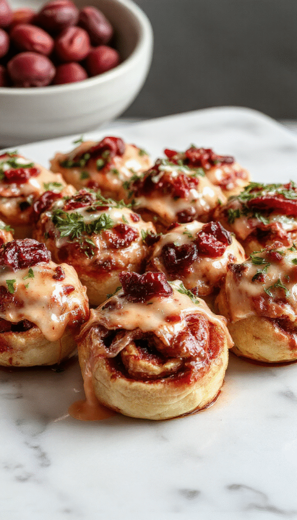 A vibrant plate of festive Christmas cranberry roll ups featuring bright red cranberries and creamy filling wrapped in a golden-brown pastry, garnished with fresh mint and edible holiday decorations, styled on a white plate against a holiday-themed background with soft warm lighting highlighting textures.