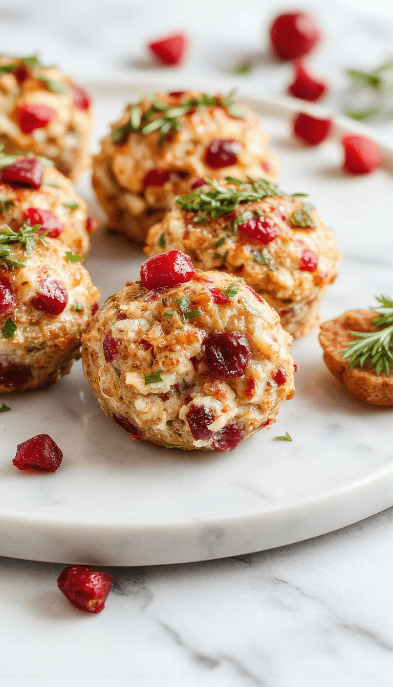 Colorful close-up of golden-brown turkey stuffing balls garnished with fresh cranberries and herbs, arranged on a rustic wooden platter, with a vibrant cranberry sauce dip and fresh green herbs, showcasing a crispy exterior and moist interior, styled with festive holiday accents.