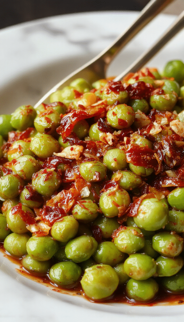 A vibrant plate of steaming green peas garnished with fresh herbs, served alongside roasted turkey and colorful autumnal sides on a rustic wooden table
