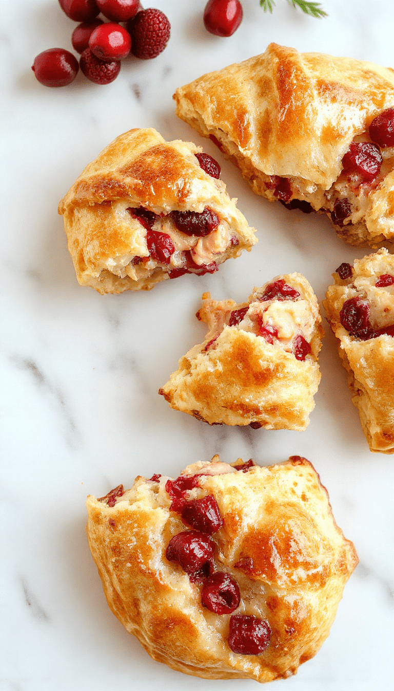 A golden-brown crescent ring filled with slices of roasted turkey, vibrant red cranberry sauce, and melted cheese, garnished with fresh herbs, served on a white platter with a rustic backdrop, showcasing a flaky, crispy texture and colorful ingredients.
