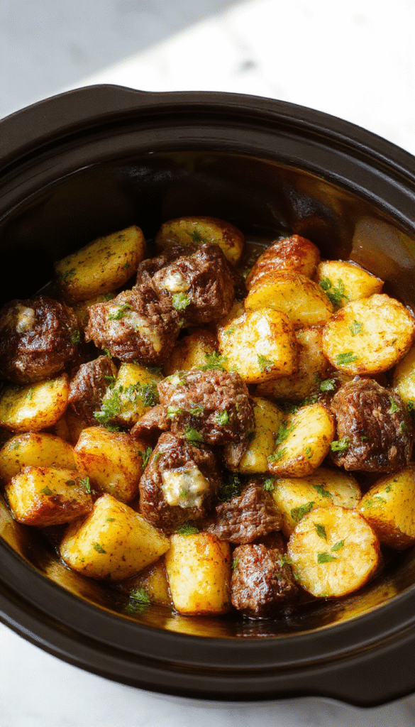 A close-up of tender beef bites coated in rich garlic butter sitting atop golden roasted potatoes in a rustic white bowl, garnished with fresh herbs, with a dark wooden surface background.
