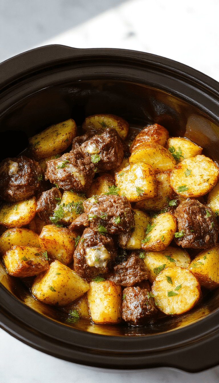 A close-up of tender beef bites coated in rich garlic butter sitting atop golden roasted potatoes in a rustic white bowl, garnished with fresh herbs, with a dark wooden surface background.