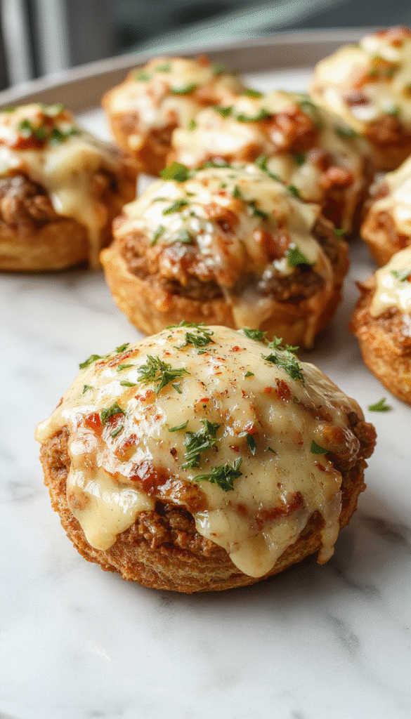 Colorful close-up of golden-brown cheeseburger bombs filled with melted cheese, topped with fresh parsley, served on a rustic plate with dipping sauces, showcasing crispy exteriors and gooey interiors.