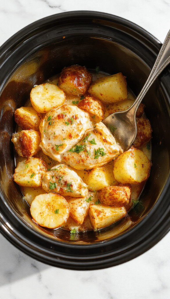 A vibrant plate featuring tender shredded chicken coated in garlic and parmesan cheese, alongside roasted golden potatoes, garnished with fresh herbs, presented on a rustic wooden table with a drizzle of sauce and garnished with chopped parsley