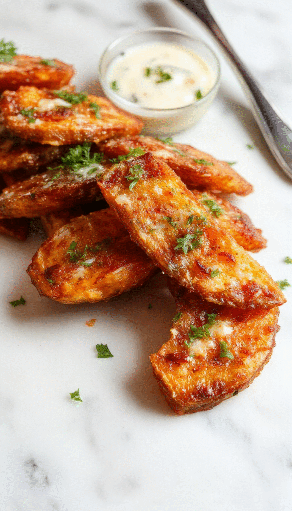 A vibrant plate of golden-brown garlic parmesan sweet potato wedges arranged in a casual stack, garnished with chopped parsley and grated parmesan cheese, with a rustic wooden background, highlighting their crispy texture and flavorful seasoning.
