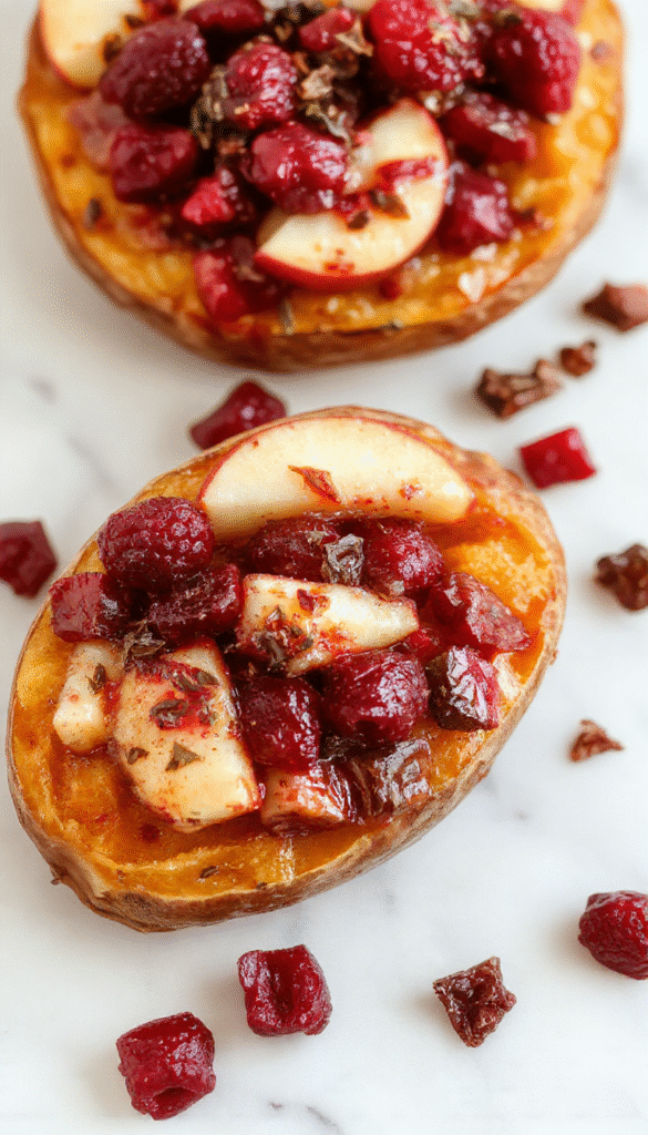 A vibrant plate showcasing twice-baked sweet potatoes filled with a colorful mixture of cranberries, diced apples, and creamy sweet potato mash, topped with a sprinkle of crushed nuts and fresh herbs. The dish features a bright orange hue contrasted with red cranberries and green garnishes, styled elegantly on a rustic white plate with a wooden background.