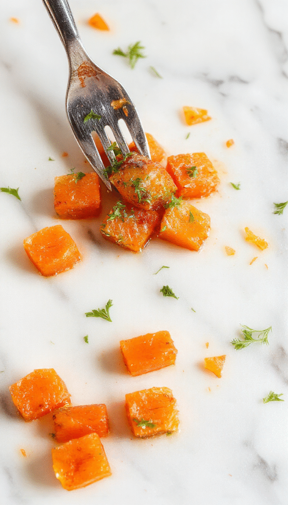 A vibrant plate of healthy smashed carrots featuring bright orange carrots with a smooth, slightly chunky texture, garnished with fresh herbs and a drizzle of olive oil, styled on a clean white plate with a rustic wooden background.