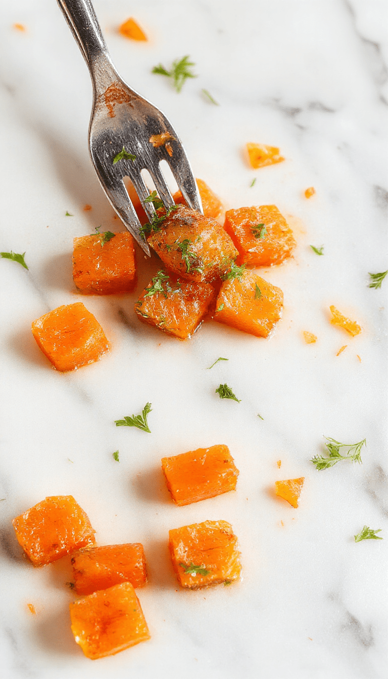 A vibrant plate of healthy smashed carrots featuring bright orange carrots with a smooth, slightly chunky texture, garnished with fresh herbs and a drizzle of olive oil, styled on a clean white plate with a rustic wooden background.