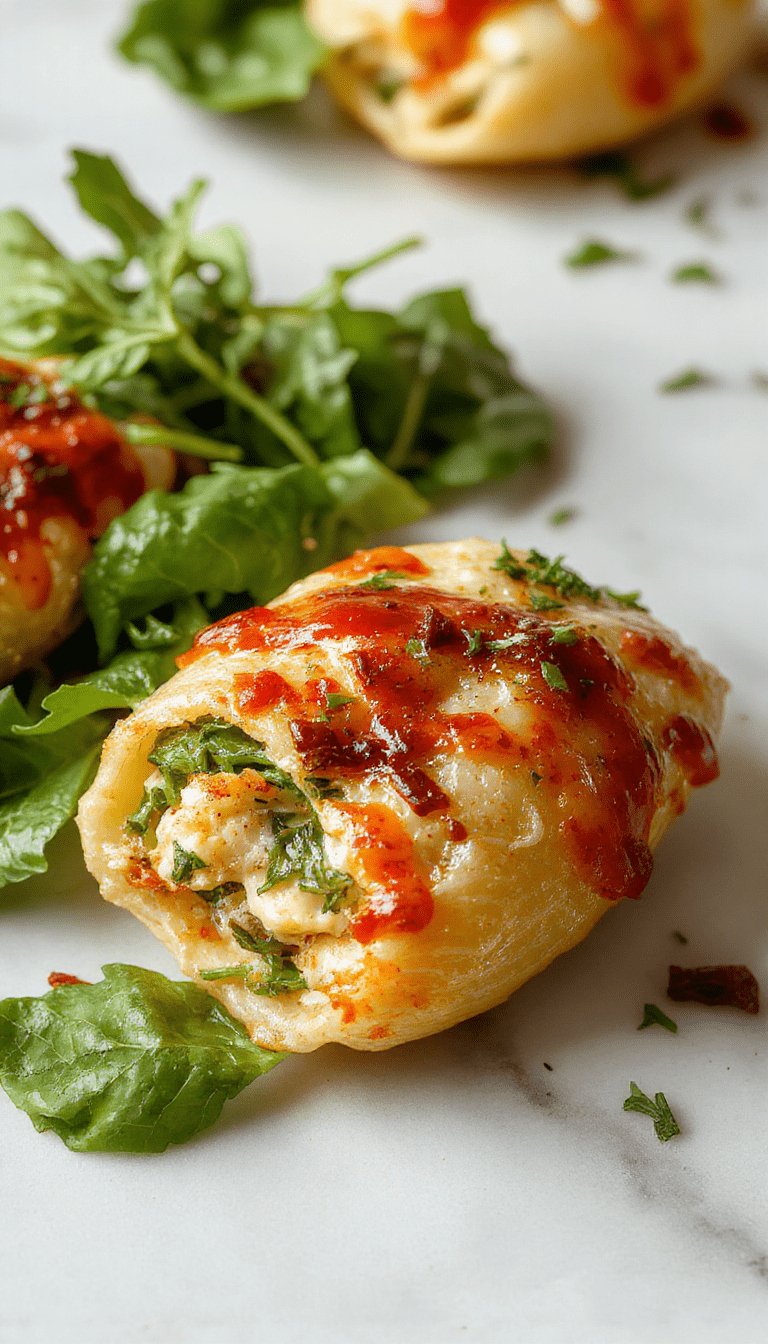 Colorful plate of baked spinach and ricotta stuffed shells topped with fresh herbs, creamy filling visible through the golden pasta shells, garnished with chopped parsley, set on a rustic wooden table with a fork beside it.