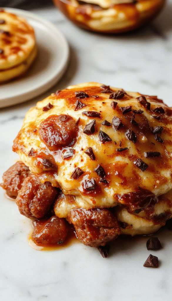 A golden-brown sausage pancake casserole in a rectangular baking dish topped with crispy edges and a fluffy pancake layer, garnished with chopped herbs and served alongside fresh fruit. The dish showcases a layered texture with browned sausage pieces and creamy eggs, styled on a rustic wooden table with a portion scooped out revealing the delicious cross-section.