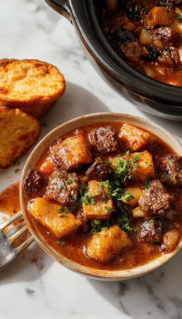 A rustic bowl of hearty beef stew featuring tender chunks of beef, vibrant carrots, potatoes, and thyme in a rich, savory broth, garnished with fresh herbs, set on a wooden table with warm lighting.