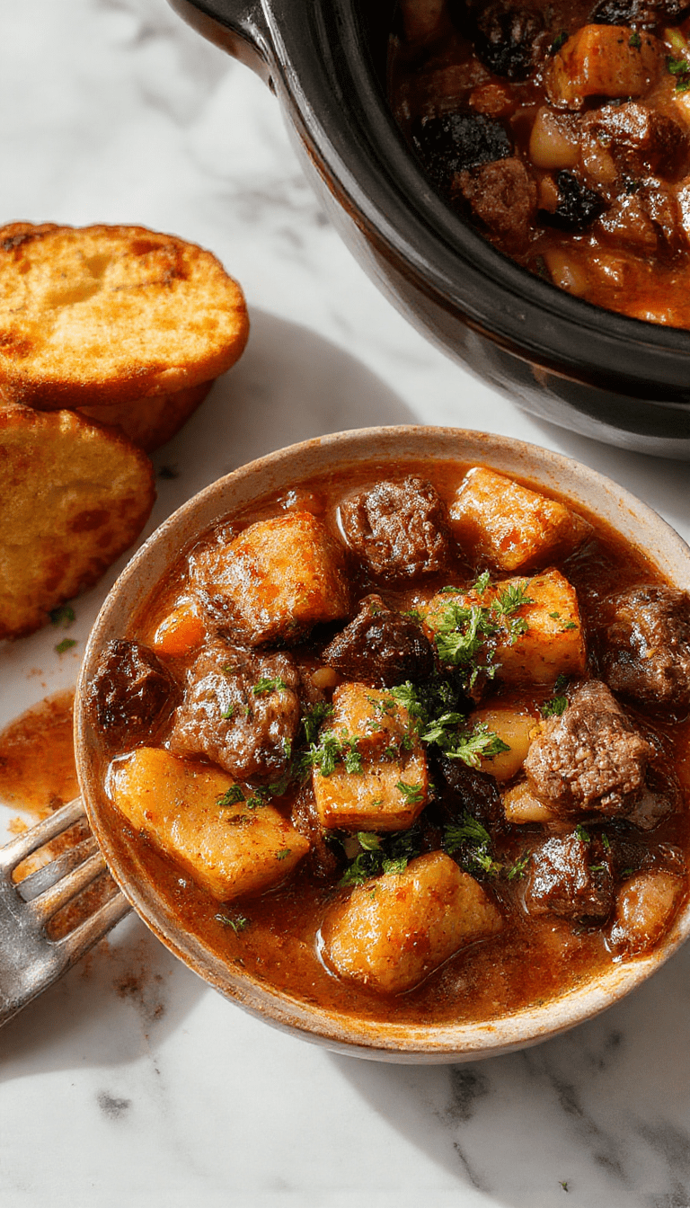 A rustic bowl of hearty beef stew featuring tender chunks of beef, vibrant carrots, potatoes, and thyme in a rich, savory broth, garnished with fresh herbs, set on a wooden table with warm lighting.