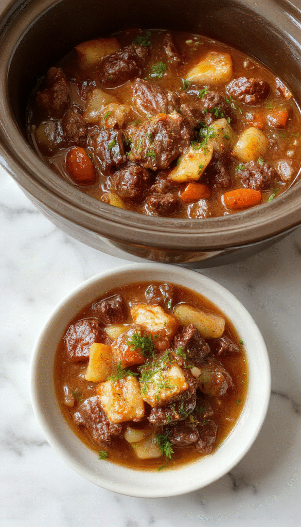 A rustic bowl of hearty beef stew filled with tender chunks of beef, carrots, potatoes, and celery in a rich, glossy gravy, garnished with fresh herbs, styled on a wooden table with a warm, inviting atmosphere