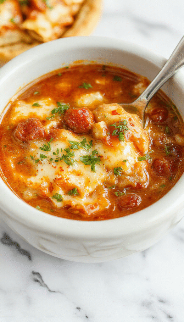 A steaming bowl of Crockpot Lasagna Soup with layers of melted cheese, rich tomato sauce, and crumbled herbs, garnished with fresh basil and grated Parmesan, plated in a rustic bowl with a side of garlic bread on a wooden table.