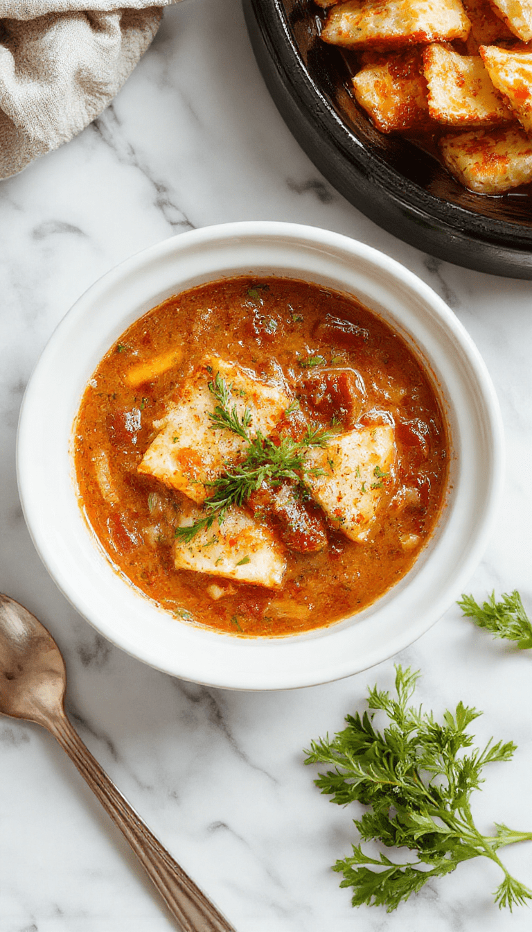 A bowl of rich, steaming crockpot lasagna soup garnished with fresh basil and melted cheese, surrounded by layers of noodles, tomatoes, and ground meat, with a rustic wooden background.