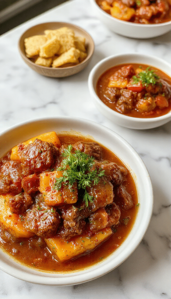 A vibrant plate of pumpkin beef bolognese featuring chunky ground beef and pumpkin puree coated in a rich red tomato sauce, garnished with fresh herbs on a rustic wooden table.