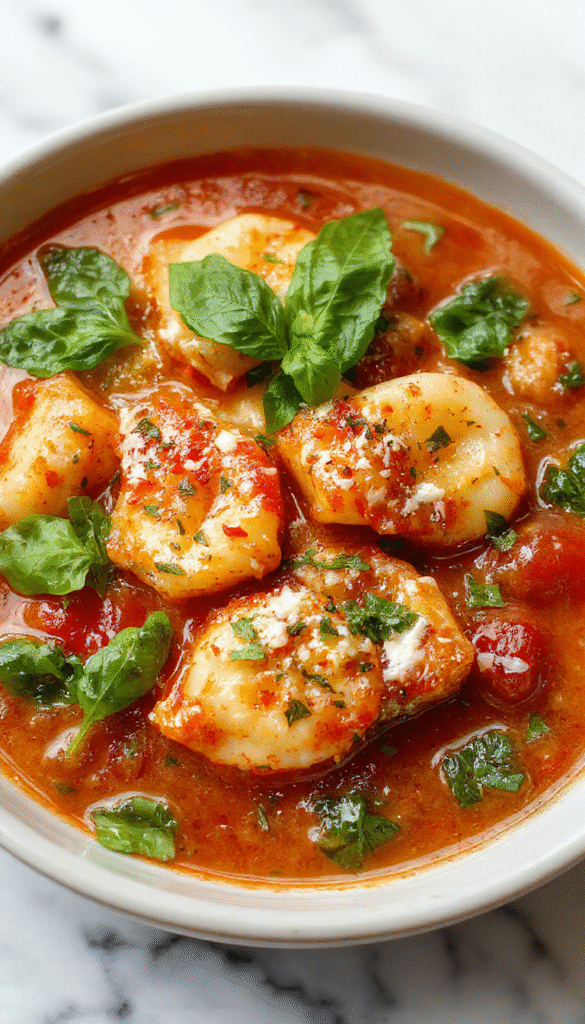 A vibrant bowl of tomato tortellini soup featuring plump cheese-filled tortellini swimming in a rich, red tomato broth garnished with fresh basil leaves and a sprinkle of grated cheese. The bowl is placed on a rustic wooden table with a spoon resting beside it, steam rising from the hot soup, evoking warmth and comfort.