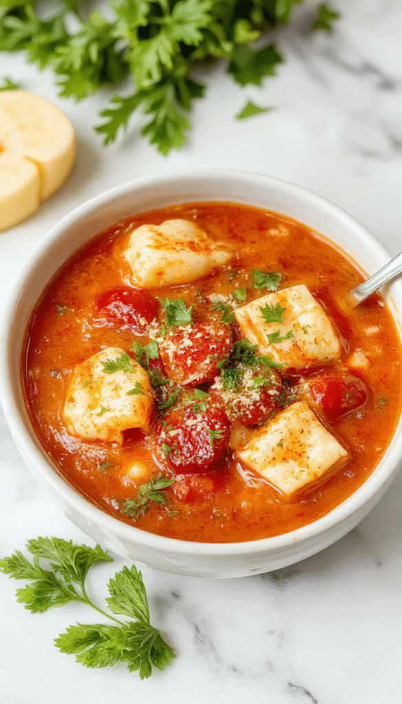 A vibrant bowl of tomato tortellini soup featuring plump, golden tortellini immersed in a rich, red tomato broth, garnished with fresh basil leaves and creamy grated cheese. The bowl is placed on a rustic wooden table with a silver spoon beside, showcasing the colorful and inviting appearance of the hearty soup.
