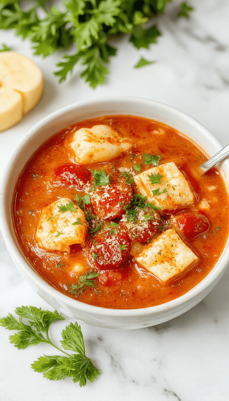 A vibrant bowl of tomato tortellini soup featuring plump, golden tortellini immersed in a rich, red tomato broth, garnished with fresh basil leaves and creamy grated cheese. The bowl is placed on a rustic wooden table with a silver spoon beside, showcasing the colorful and inviting appearance of the hearty soup.
