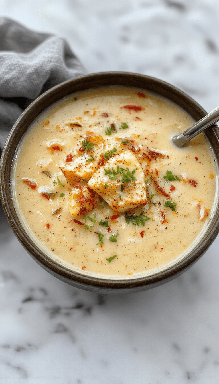 A steaming bowl of creamy cowboy soup with chunks of beef, potatoes, and corn, topped with chopped green onions and shredded cheese, served in a rustic white bowl on a wooden table, with a side of crusty bread and fresh herbs.