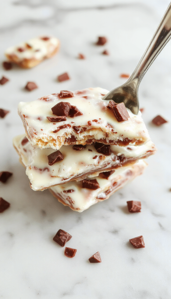 A vibrant, rectangular protein yogurt bark topped with fresh strawberries, blueberries, and sliced almonds, set on a white plate with a rustic wooden background, showcasing a colorful array of textures and fresh fruit accents.