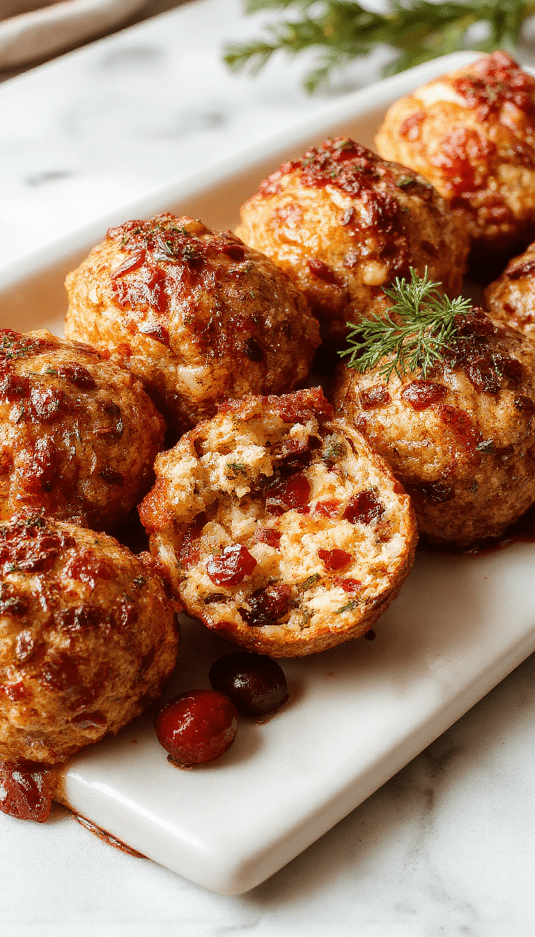 A close-up shot of golden-brown stuffing balls filled with bright red cranberries and tender turkey, arranged on a white plate with fresh herbs for garnish, showcasing their crispy exterior and moist interior, with a festive holiday table in the background.