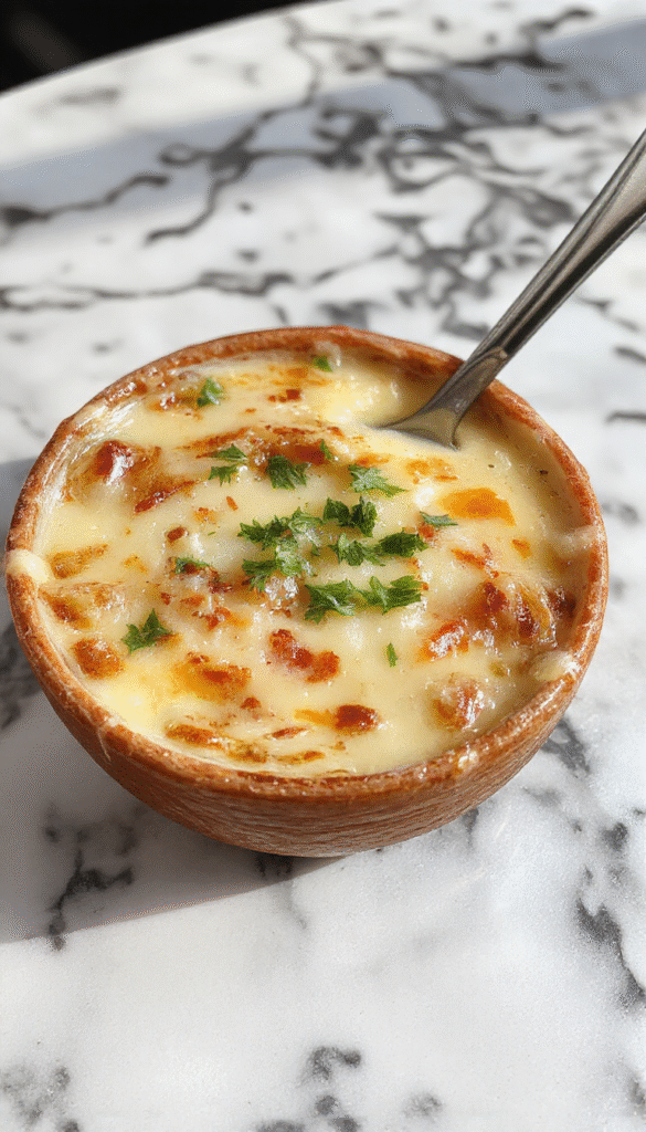 A vibrant, golden-brown French Onion Soup Pizza garnished with melted cheese and caramelized onions on a rustic wooden plate, with fresh herbs and a crispy crust highlighting the savory toppings