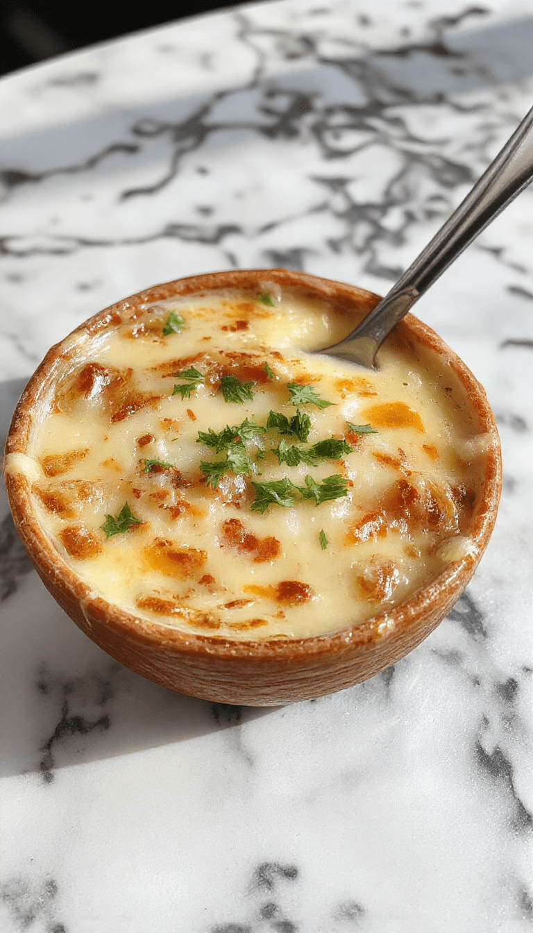 A vibrant, golden-brown French Onion Soup Pizza garnished with melted cheese and caramelized onions on a rustic wooden plate, with fresh herbs and a crispy crust highlighting the savory toppings