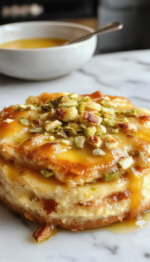 A decadent slice of honey pistachio baklava cheesecake on a white plate, showcasing layers of creamy cheesecake topped with golden honey glaze, chopped pistachios, and crispy flaky baklava pieces, with a drizzle of honey and a sprig of mint for garnish, set against a rustic wooden background.