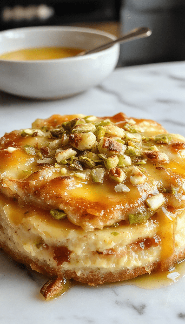 A decadent slice of honey pistachio baklava cheesecake on a white plate, showcasing layers of creamy cheesecake topped with golden honey glaze, chopped pistachios, and crispy flaky baklava pieces, with a drizzle of honey and a sprig of mint for garnish, set against a rustic wooden background.