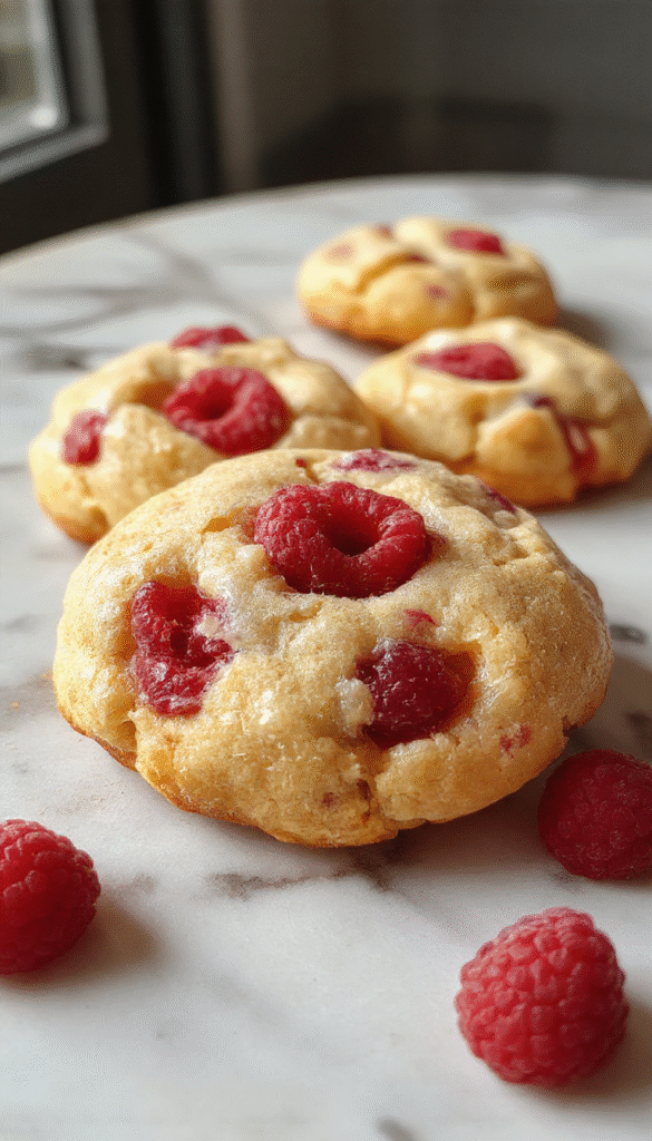 A close-up of buttery raspberry crumble cookies arranged on a rustic wooden platter. The cookies are golden brown with a crumbly topping and vibrant red raspberries embedded. The background features a soft-focus pastel cloth and scattered fresh raspberries, highlighting the textures and colors of the sweet treats.