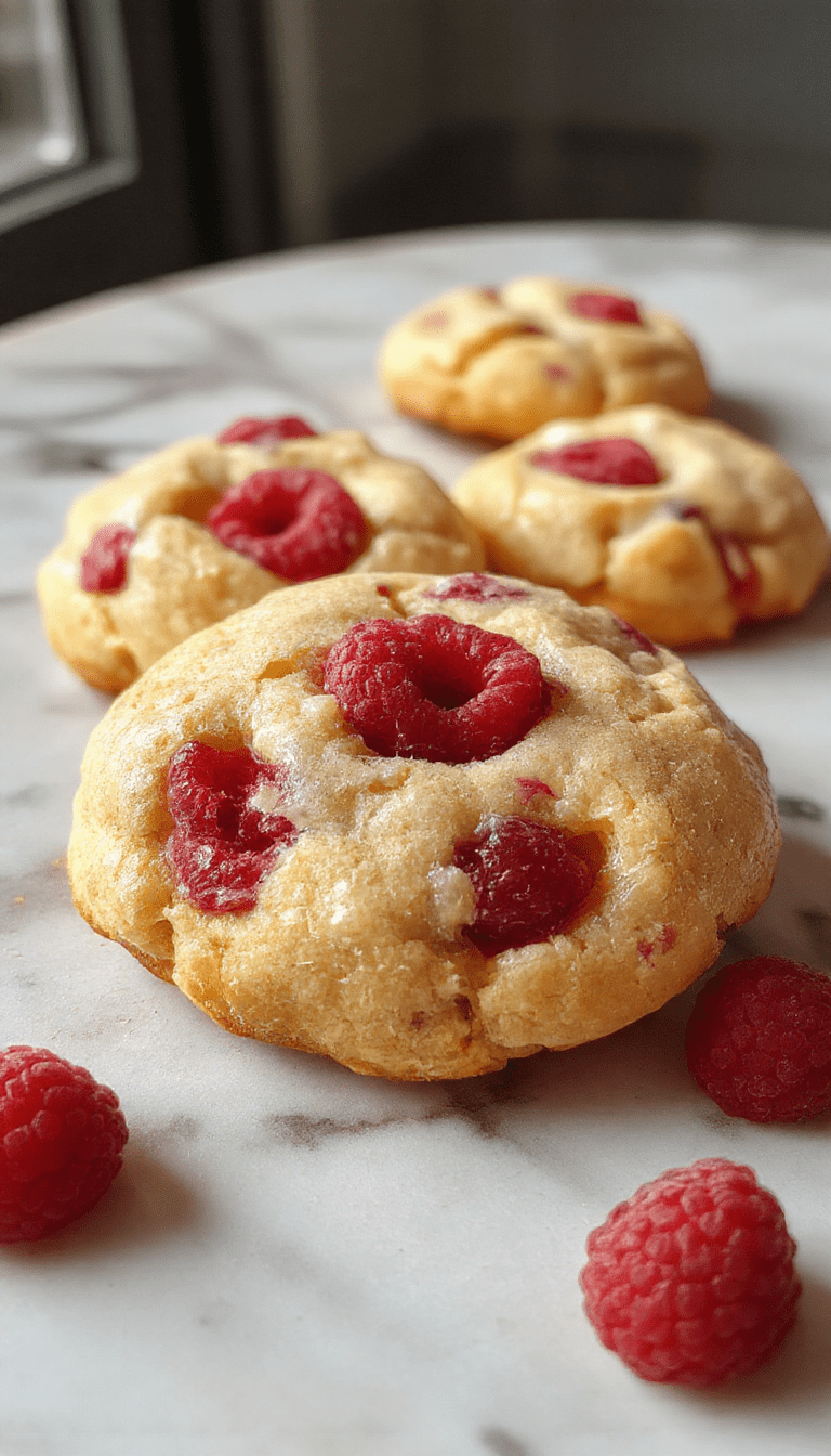 A close-up of buttery raspberry crumble cookies arranged on a rustic wooden platter. The cookies are golden brown with a crumbly topping and vibrant red raspberries embedded. The background features a soft-focus pastel cloth and scattered fresh raspberries, highlighting the textures and colors of the sweet treats.