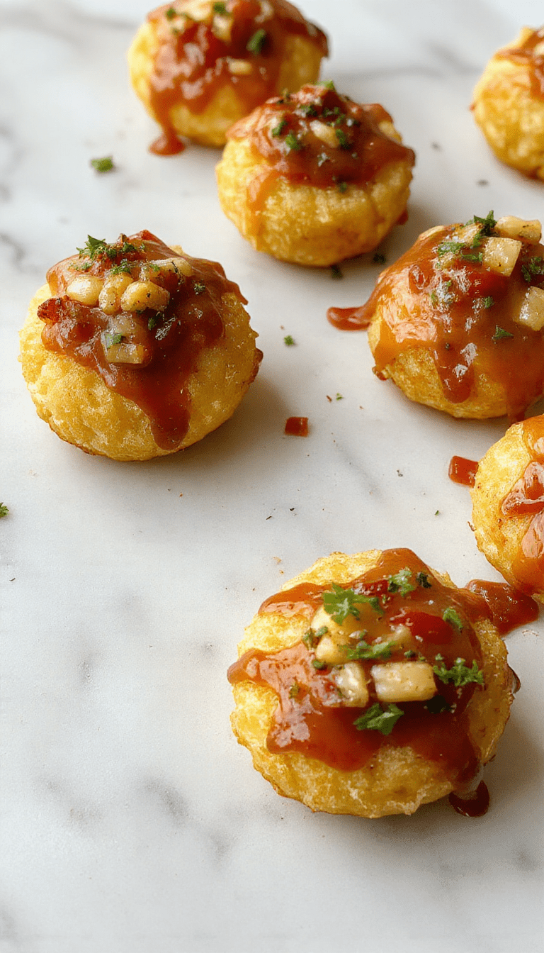 Colorful platter of crispy golden tater tot appetizers topped with melted cheese, chopped bacon, green onions, and dollops of sour cream, styled on a rustic wooden board with fresh herbs